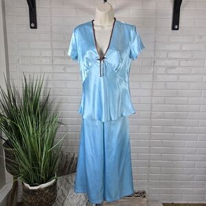 Etienne Satin Blue Two Piece Pajama Set with Brown Trim Small